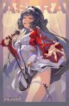  1girl absurdres astra_yao black_hair breasts dress earrings hairband highres holding holding_microphone jacket jewelry long_hair microphone microphone_stand open_mouth peaceablecolt red_eyes red_jacket singing smile solo white_dress white_hairband zenless_zone_zero 
