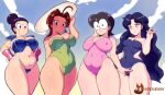  4girls absurdres ahoge bare_legs bishoujo_senshi_sailor_moon black_hair breasts brown_hair cameltoe chi-chi_(dragon_ball) covered_nipples crossover delia_ketchum doraemon dragon_ball dragon_ball_z hair_bun hat highres huge_breasts jackudoggy long_hair mature_female medium_breasts multiple_crossover multiple_girls nobi_tamako one-piece_swimsuit pokemon pokemon_(anime) self_cosplay single_hair_bun sun_hat swimsuit thighs trait_connection tsukino_ikuko very_long_hair wavy_hair 