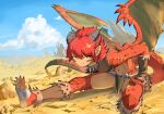  armor bandaged_foot bandages bare_shoulders bent_over blue_sky claws cloud colored_skin commentary_request commission day desert dragon_girl dragon_horns dragon_tail dragon_wings eimirja_(soapy) feet fingernails hair_between_eyes hand_on_own_thigh highres horns jewelry leather_armor light_smile long_toenails looking_at_viewer medium_hair messy_hair midriff monster_girl multicolored_skin navel necklace non-web_source original outdoors pointy_ears red_scales red_skin rock sharp_fingernails sharp_toenails shin_guards skeb_commission sky smile smirk soles solo spread_toes stretching tail takako_(takako25252525) toenails toes tooth_necklace torn_clothes two-tone_skin wiggling_toes wings yellow_eyes yellow_skin 