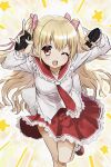  1girl ;3 ;d absurdres blonde_hair blush bow breasts commentary dual_wielding english_commentary explosive fingernails floating_hair foot_out_of_frame frilled_sailor_collar frilled_skirt frills furrowed_brow grenade hair_between_eyes hair_bow hair_ribbon hands_up hidan_no_aria highres holding holding_grenade large_breasts long_hair long_sleeves looking_at_viewer mame_(pixiv82333841) mine_riko miniskirt necktie one_eye_closed open_mouth outline pink_bow pink_ribbon pleated_skirt red_eyes red_necktie red_sailor_collar red_skirt ribbon sailor_collar sailor_shirt school_uniform serafuku shirt sidelocks simple_background skirt smile solo standing standing_on_one_leg star_(symbol) two_side_up very_long_hair white_outline white_shirt yellow_background 