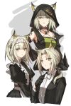  1girl animal_ear_fluff animal_ears apron arknights bare_shoulders black_choker black_dress black_gloves black_jacket bow bowtie breasts brown_choker butler cat_ears cat_girl choker closed_mouth collared_shirt criss-cross_halter cropped_torso detached_sleeves dress dress_shirt ears_through_headwear formal_clothes frills gloves green_dress green_eyes green_hair grey_background hair_ribbon half_gloves halterneck highres hood hood_up hooded_jacket jacket juliet_sleeves kal'tsit_(advisor)_(arknights) kal'tsit_(arknights) kal'tsit_(formal)_(arknights) kal'tsit_(maid)_(arknights) long_sleeves looking_at_viewer low_ponytail mabing maid maid_apron maid_headdress material_growth medium_hair multiple_views official_alternate_costume official_alternate_hairstyle open_clothes open_jacket oripathy_lesion_(arknights) ponytail puffy_sleeves ribbon shirt short_hair simple_background suit tuxedo upper_body vest white_apron white_background white_bow white_bowtie white_shirt 