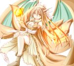  1girl arii_(tari621011) boots breasts brown_boots brown_dress brown_eyes brown_hair charizard cleavage detached_sleeves dress fire full_body highres long_hair looking_at_viewer medium_breasts open_mouth personification photoshop_(medium) pokemon pokemon_wings revision solo wings 