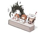  1boy 2girls aged_down animal_ears arknights black_jacket blush brown_hair cape cat_ears chibi cloak closed_eyes closed_mouth fur-trimmed_cloak fur_trim hat heart heidi_(arknights) heidi_(young)_(arknights) highres holding holding_sign jacket lillia_(arknights) mabing mon3tr_(arknights) mon3tr_(summon)_(arknights) monster multiple_girls open_mouth passenger_(arknights) passenger_(young)_(arknights) sign simple_background smile sweatdrop white_background white_cape 