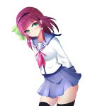  1girl angel_beats! aqua_eyes arms_behind_back black_hairband black_thighhighs blue_sailor_collar blue_skirt blunt_bangs blush bow closed_mouth commentary dreamoon floating_hair green_bow hair_bow hairband highres leaning_forward long_sleeves looking_at_viewer medium_hair miniskirt nakamura_yuri neckerchief pink_neckerchief pleated_skirt purple_hair sailor_collar sailor_shirt shirt sidelocks skirt smile solo thighhighs thighs white_shirt zettai_ryouiki 