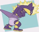 ambiguous_gender amped_toxtricity anthro clean_diaper clothed clothing diaper diaper_only digital_media_(artwork) electricity generation_8_pokemon holding_chest looking_back looking_back_at_self mohawk nintendo pokemon pokemon_(species) purple_body side_view simple_background solo tail topless toxtricity tyggles_(artist) wearing_diaper