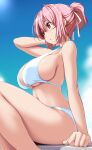  1girl absurdres alternate_costume alternate_hairstyle bikini bilingual_commentary blue_sky breasts commentary_request day english_commentary hair_ribbon highres large_breasts mixed-language_commentary navel nori_tamago pink_hair ponytail red_eyes revision ribbon saigyouji_yuyuko short_ponytail sideboob sitting sky solo stomach sweat swimsuit thighs touhou white_bikini white_ribbon 