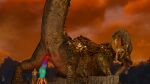 3d_(artwork) anthro anus bottomwear capcom clothing digital_media_(artwork) dildo duo elder_dragon female feral genitals hi_res huge_dildo kulve_taroth lizard marha_(sladdoska) monster_hunter pants presenting raised_tail reptile scalie sex_toy size_difference spread_legs spreading tail void_dragon216 vulva