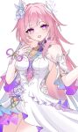  1girl bare_shoulders breasts cyrene_(demiurge)_(honkai:_star_rail) cyrene_(honkai:_star_rail) detached_sleeves diamond-shaped_pupils diamond_(shape) dress flower hair_flower hair_intakes hair_ornament highres honkai:_star_rail honkai_(series) kino_(curry_pan) large_breasts long_hair looking_at_viewer multicolored_hair open_mouth pink_hair pointy_ears purple_eyes revision simple_background smile solo symbol-shaped_pupils two-tone_hair very_long_hair white_background white_dress white_hair 