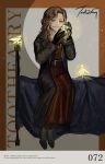  1girl black_coat black_gloves black_shoes border braces brown_border brown_eyes brown_hair character_name character_signature coat creature dress english_text fairy fragrance_(freakyduck9000) full_body gloves hands_up highres holding holding_jar jar long_dress long_hair looking_at_viewer on_bed pantyhose red_dress reverse:1999 shirt shoes sitting solo spotlight tooth_fairy_(reverse:1999) white_shirt 