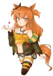  1girl absurdres animal_ears bare_shoulders belt black_thighhighs blush bomber_jacket bow breasts brown_ribbon crop_top dog_tags ear_bow ear_ribbon green_belt green_jacket heart highres horse_ears horse_girl horse_tail jacket kotatudogs long_hair long_sleeves looking_at_viewer mayano_top_gun_(scramble_zone)_(umamusume) mayano_top_gun_(umamusume) midriff navel open_clothes open_jacket open_mouth orange_hair orange_tail parted_lips ribbon shirt shorts simple_background small_breasts solo tail thighhighs two_side_up umamusume white_background white_shorts yellow_shirt 