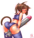  animal_ears ass back back-print_panties bare_shoulders between_legs black_panties blush bra brown_eyes brown_hair cat_ears cat_lingerie cat_tail dated from_behind highres i-401_(kantai_collection) kanon_(kurogane_knights) kantai_collection leaning_forward looking_back meme_attire open_mouth panties paw_print ponytail print_panties short_ponytail side-tie_panties simple_background solo suggestive_fluid sweat tail tan tanline thighhighs torpedo underwear underwear_only white_background 