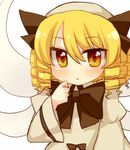  blonde_hair drill_hair fairy fairy_wings hair_between_eyes hand_to_own_mouth long_sleeves looking_at_viewer luna_child puffy_long_sleeves puffy_sleeves ruhika simple_background solo touhou wings yellow_eyes 