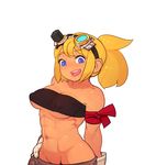  34no404 abs bandeau bare_shoulders bernd_workshop blonde_hair blue_eyes breasts cleavage covered_nipples gloves goggles goggles_on_head groin large_breasts long_hair lowleg lowleg_pants pants ponytail sekaiju_no_meikyuu sekaiju_no_meikyuu_4 solo strapless toned underboob white_gloves 