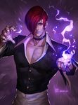  choker crop_top cropped_jacket fire hair_over_one_eye highres looking_at_viewer male_focus purple_fire pyrokinesis red_eyes red_hair skirt solo the_king_of_fighters xiaoguimist yagami_iori 