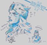  2boys adam's_apple chibi chibi_inset closed_mouth diego_brando fangs hat horseshoe_hat_ornament horseshoe_ornament johnny_joestar jojo_no_kimyou_na_bouken lips medium_hair multiple_boys nose sketch speech_bubble steel_ball_run tmblyeet upper_body 