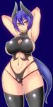  1girl armpits arms_behind_head arms_up black_legwear black_panties blue_hair blush breasts cleavage cleavage_cutout curvy erect_nipples female hand_behind_head horns large_breasts looking_at_viewer monster_girl nanashi_mushi navel panties plump shipo_aki short_hair sideboob simple_background smile solo standing tail thick_thighs thighhighs underwear wide_hips yellow_eyes 
