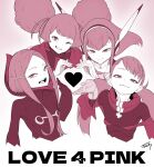  4girls afro_puffs anemone_(eureka_seven) barara_peol bodysuit breasts chuatury_panlunch color_connection crossover cynthia_lane double_bun english_text eureka_seven eureka_seven_(series) grin gundam gundam_g_no_reconguista gundam_suisei_no_majo hair_bun hair_color_connection hair_ornament hairclip headgear headset heart heart_hands heart_hands_quartet highres multiple_crossover multiple_girls one_eye_closed open_mouth overman_king_gainer pink_theme signature skinny small_breasts smile tocky twintails 