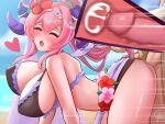  1boy 1girl breasts ciderwrath closed_eyes coat cum fire_emblem fire_emblem_heroes goat_horns grabbing_another's_hair heart holding_another's_hair horns internal_cumshot kiran_(fire_emblem) large_breasts long_hair looking_at_viewer nerthuz_(fire_emblem) nerthuz_(summer)_(fire_emblem) one_eye_closed open_clothes open_coat open_mouth pink_hair ponytail sex sex_from_behind smile swimsuit white_coat 