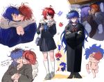  1lijin 2girls ahoge black_haori black_streaks blue_eyes blue_skirt drink_carton drinking_straw english_text face_piercing genderswap genderswap_(mtf) grey_shoes haori high_heels highres holding holding_drink_carton holding_juice_box hug hug_from_behind imminent_kiss implied_sex japanese_clothes juice_box long_hair looking_at_another looking_at_viewer makeup medium_hair multicolored_hair multiple_girls omokage_yugamu on_bed piercing print_eyepatch red_hair scarf school_uniform shared_clothes shared_scarf shoes skirt smile sneakers socks speech_bubble streaked_hair sumino_takumi the_hundred_line_-last_defense_academy- white_scarf white_socks yuri 