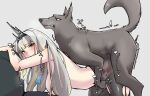  1girl animal_penis bestiality black_pantyhose black_ribbon cum cum_in_pussy dog dog_penis doggystyle green_eyes green_hair grey_background grey_hair highres internal_cumshot keu_sekihaku long_hair looking_at_viewer nijisanji nipples nude pantyhose penis ribbon sex sex_from_behind shioriha_ruri torn_clothes torn_pantyhose virtual_youtuber wolf zoophilia 