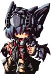 1girl 2000s_(style) black_pants blue_eyes blue_hair blush braid chibi commentary_request dangomushi hand_up helmet low_twin_braids open_mouth optimus_prime pants personification red_shirt shirt simple_background solo transformers twin_braids white_background 