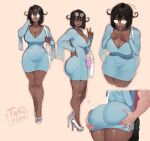  1girl artist_self-insert ass breasts dark-skinned_female dark_skin dress grabbing_another's_ass groping hetero highres interracial large_breasts multiple_views nyantcha original short_hair taut_clothes taut_dress thick_thighs thighs tsona_(nyantcha) very_dark_skin 