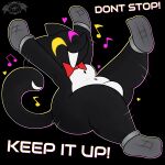  anthro apollysabyss big_bulge big_butt big_chest black_body black_fur bow_tie bulge butt button_(fastener) cat_mike_(deltarune) darkner deltarune domestic_cat english_text eyes_closed facial_tuft felid feline felis fur heart_symbol heterochromia hi_res mammal microphone_hands motion_lines musical_note musical_symbol open_mouth red_bow_tie shadowguy_(deltarune) slightly_chubby solo symbol tail tail_mouth text tuft undertale_(series) unusual_anatomy unusual_tail wide_hips 