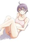  ahoge bare_legs bare_shoulders bra breasts highres kantai_collection looking_at_viewer navel panties pink_bra pink_panties purple_eyes purple_hair sakawa_(kantai_collection) short_hair small_breasts solo sports_bra underwear underwear_only vent_arbre 