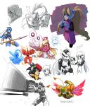  1girl alouette_(mega_man) animal beard blonde_hair blue_eyes blue_helmet cat ciel_(mega_man) craft_(mega_man) cyber_elf_(mega_man) cyber_elf_x_(mega_man) dr._weil_(mega_man) elpizo_(mega_man) facial_hair fairy_leviathan_(mega_man) fins gloves glowing glowing_eye head_fins helmet high_ponytail highres holding holding_animal holding_cat holding_polearm holding_weapon long_hair mega_man_(series) mega_man_zero_(series) mega_man_zero_3 mega_man_zero_4 neige_(mega_man) omega_(first_form)_(mega_man) omega_(mega_man) on_one_knee own_hands_together phoenix_magnion pink_helmet pink_top polearm ponytail red_eyes scar scar_on_face skirt smile sol_titanion_(mega_man) solo sulus thighhighs upper_body vile_(mega_man) weapon white_background white_gloves x_(mega_man) zero(z)_(mega_man) zero_(mega_man) 