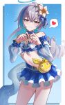  1girl absurdres bikini blue_bikini blue_hair blue_sky border breasts bronya_zaychik bronya_zaychik_(herrscher_of_truth) bronya_zaychik_(seaside_vibes) chinese_commentary commentary_request drill_hair flower four-finger_heart_hands grey_hair hair_flower hair_ornament halo heart heart_hands henjiwumei highres homu_(honkai_impact) honkai_(series) honkai_impact_3rd long_hair looking_at_viewer midriff multicolored_hair navel official_alternate_costume sky small_breasts solo spoken_heart streaked_hair swimsuit thighs two-tone_hair very_long_hair white_border 