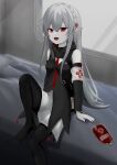  1girl absurdres arknights armband bare_shoulders black_pantyhose blood blood_bag commentary_request dogari fangs grey_hair highres long_hair looking_at_viewer open_mouth pale_skin pantyhose pointy_ears red_eyes solo thighs vampire warfarin_(arknights) white_armband 