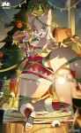  2025 absurd_res anthro arctic_fox bodily_fluids breasts butt canid canine caught_in_the_act christmas christmas_clothing christmas_decorations christmas_lights christmas_present christmas_tree cleavage clothed clothing entangled female fox fox_ears fox_tail gift hi_res holding_christmas_present holidays ladotoys liya_alopex looking_at_viewer looking_back mammal plant red_eyes solo sweat sweatdrop tree true_fox unknown_artist 