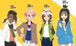  2boys 2girls ahoge belt black_hair black_pants blonde_hair blue_eyes blue_hoodie blue_shirt brown_belt brown_hair brown_jacket character_age choker collared_shirt commentary_request dark-skinned_male dark_skin earclip green_jacket green_necktie grin hand_up harmony_(pokemon) hat highres hood hood_down hoodie jacket lida_(pokemon) long_hair long_sleeves multiple_boys multiple_girls naveen_(pokemon) necktie open_clothes open_jacket orange_vest pants pokemon pokemon_legends:_z-a print_shirt shirt smile teeth toi_(nisanrei121) topknot twitter_username urbain_(pokemon) vest watermark white_hat white_jacket white_shirt 