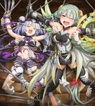  armor armored_dress armpits bangs bare_shoulders barefoot black_legwear blunt_bangs blush braid claw_(weapon) commentary_request detached_sleeves foot_tickling hair_ornament haku_(p&amp;d) laughing light_valkyrie_(p&amp;d) long_hair looking_at_viewer multiple_girls navel open_mouth outstretched_arms puzzle_&amp;_dragons red_eyes restrained shield shirosame tail tears thighhighs tickle_torture tickling tiger_tail twin_braids valkyrie_(p&amp;d) weapon wings zettai_ryouiki 