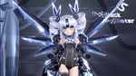  &gt;:) 3d aqua_eyes bangs bare_shoulders black_gloves black_sister blush character_name choujigen_game_neptune_mk2 clenched_hands closed_mouth covered_navel cowboy_shot drill_hair elbow_gloves english flat_chest forehead_protector gloves gradient gs-mantis halterneck headgear highres leotard light_smile looking_at_viewer mechanical_wings neptune_(series) parted_bangs power_symbol serious short_hair sidelocks smile solo symbol-shaped_pupils thigh_gap thighhighs turtleneck twin_drills v-shaped_eyebrows white_hair wings 