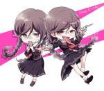  2girls braid chibi chibi_only collared_shirt commentary_request danganronpa:_trigger_happy_havoc danganronpa_(series) dated drop_shadow english_text eyelashes fukawa_toko full_body genocider_sho glasses glint hair_between_eyes happy_birthday holding holding_scissors holding_weapon index_fingers_together long_hair long_sleeves long_tongue mole mole_under_mouth multiple_girls nagisa_(benizakura) neckerchief open_mouth outline purple_eyes purple_hair purple_serafuku purple_shirt purple_shoes purple_skirt red_eyes red_neckerchief round_eyewear sailor_collar school_uniform scissors serafuku shirt shoes skirt skirt_set smile socks sweat teeth tongue tongue_out twin_braids twintails upper_teeth_only v-shaped_eyebrows weapon white_outline white_sailor_collar white_socks 