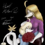  2026 absurd_res ahoge anthro black_background blonde_hair blue_clothing blue_hoodie blue_topwear bouquet cavemanon_studios clothing digital_drawing_(artwork) digital_media_(artwork) dinosaur duo english_text eyelashes eyes_closed female flower flower_bouquet freckled_face freckled_tail freckles grey_eyes hair hi_res holidays hoodie hug joebamna judee long_hair long_tail mature_anthro mature_female mother's_day plant prehistoric_species puppet_pals purple_clothing purple_sweater purple_topwear reptile saurischian scales scalie signature simple_background smile snoot_game snout sweater tail tail_tuft tarja_(snoot_game) text theropod topwear troodon troodontid tuft turtleneck white_body white_scales yellow_sclera 