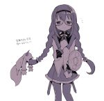  1girl akemi_homura akemi_homura_(magical_girl) argyle_clothes argyle_pantyhose arm_shield back_bow blush bow bowtie braid capelet death glasses hair_tie hairband hand_on_own_chest highres ikuchi_osutega impaled kyubey layered_sleeves light_smile long_hair looking_at_viewer low_twin_braids magical_girl mahou_shoujo_madoka_magica pantyhose purple_theme shirt sidelocks skirt solo soul_gem twin_braids white_background 
