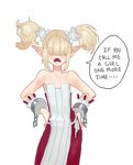  1boy bangs bare_shoulders blonde_hair blush chains collarbone disgaea english fang hair_over_eyes hands_on_hips male_healer_(disgaea) open_mouth pointy_ears simple_background sleeveless sleeveless_dress strapless strapless_dress trap twintails white_background 
