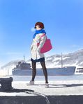  absurdres bag blue_scarf boat breath brown_eyes brown_hair coat day full_body gake_no_ue_no_ponyo hands_in_pockets highres light_smile lisa_(ponyo) looking_at_viewer ocean outdoors pantyhose pleated_skirt rope scarf shoes short_hair shoulder_bag skirt sky solo standing tombiiwa watercraft white_footwear winter 