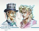  2boys battle_tendency blonde_hair bow bowtie caesar_anthonio_zeppeli cheekbones facial_hair facial_mark feather_hair_ornament feathers frown_lines hair_ornament hat headband jojo_no_kimyou_na_bouken lips male_focus multiple_boys mustache nose phantom_blood scarf tmblyeet top_hat triangle_print upper_body will_anthonio_zeppeli 