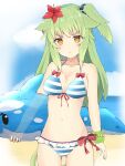  1girl animal_ears ass_visible_through_thighs bare_shoulders bikini blue_sky breasts cleavage closed_mouth cloud collarbone commentary_request cowboy_shot day flower frilled_bikini frills front-tie_bikini_top front-tie_top green_eyes hair_flower hair_ornament hibiscus highres holding horizon inflatable_dolphin inflatable_toy long_hair looking_at_viewer medium_breasts navel nyaha ocean one_side_up orange_eyes original red_flower sky solo striped_bikini striped_clothes swimsuit tail v-shaped_eyebrows very_long_hair 