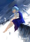  1girl absurdres artist_name barefoot blue_bow blue_dress blue_eyes blue_hair bow cirno closed_mouth commentary dress english_commentary hand_on_own_chin highres ice ice_wings jsnttzzj night pinafore_dress puffy_short_sleeves puffy_sleeves shirt short_hair short_sleeves sitting sleeveless sleeveless_dress snow solo touhou white_shirt wings 