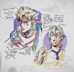  6+boys battle_tendency blonde_hair caesar_anthonio_zeppeli earrings feather_hair_ornament feathers fingerless_gloves giorno_giovanna gloves hair_ornament headband jewelry jojo_no_kimyou_na_bouken joseph_joestar joseph_joestar_(young) lips male_focus multiple_boys necktie open_mouth pannacotta_fugo pointing scarf short_hair speech_bubble tmblyeet upper_body vento_aureo victory_rolls 