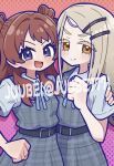  2girls :d belt black_belt blonde_hair blue_eyes blue_ribbon blush brown_hair closed_mouth commentary_request commission dress fis_(t83192933) gakuen_idolmaster grey_dress hanami_saki hand_on_another's_shoulder highres idolmaster long_hair looking_at_viewer multiple_girls neck_ribbon open_mouth orange_eyes plaid_clothes plaid_dress ribbon shinosawa_hiro short_sleeves side-by-side smile standing upper_body v-shaped_eyebrows watermark 
