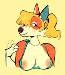  2022 animal_crossing anthro audie_(animal_crossing) bikini bikini_top blonde_hair blush blush_lines breasts bust_portrait canid canine canis cheek_tuft clothing facial_tuft fanning fanning_self female fluffy fur hair mammal nintendo nipples nude peachy_bat ponytail portrait red_wolf simple_background solo swimwear teal_bikini teal_clothing teal_swimwear tuft two-piece_swimsuit wolf yellow_background 