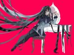  1girl akemi_homura akemi_homura_(magical_girl) black_boots black_hair boots capelet chinese_commentary commentary_request expressionless full_body grey_eyes haiou_bie_gou_jiao_le hair_spread_out hairband holding holding_scissors jacket long_hair mahou_shoujo_madoka_magica mahou_shoujo_madoka_magica_(anime) pink_background purple_capelet purple_skirt red_hairband scissors simple_background sitting skirt solo soul_gem stool thigh_boots very_long_hair white_jacket 