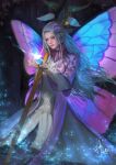  1girl asteria_(choralsoprano12) blue_wings bug butterfly butterfly_wings commentary commission curtained_hair dress earrings english_commentary flower glowing_butterfly green_eyes grey_hair hair_flower hair_ornament heterochromia highres insect_wings jewelry jwei light_particles long_hair long_sleeves nose open_clothes open_hands open_robe original parted_lips pink_flower pink_lips pink_wings pointy_ears purple_eyes purple_flower purple_robe ring robe sidelocks signature solo staff two-tone_wings very_long_hair white_dress white_flower wings 