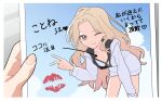  1girl 1other arrow_(symbol) bikini blonde_hair breasts cleavage closed_mouth cloud dismal_poop gakuen_idolmaster highres holding holding_photo idolmaster jacket juo_sena leaning_forward lipstick_mark long_hair looking_at_viewer neon_genesis_evangelion one_eye_closed parody photo_(object) purple_eyes scene_reference small_breasts swimsuit translation_request v white_bikini white_jacket 