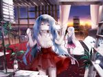  artist_name bed blue_eyes blue_hair city hatsune_miku highres ia_(vocaloid) jewelry long_hair looking_at_viewer multiple_girls necklace petals plant potted_plant sa'yuki sitting skirt smirk thighhighs twintails very_long_hair vocaloid white_hair window 
